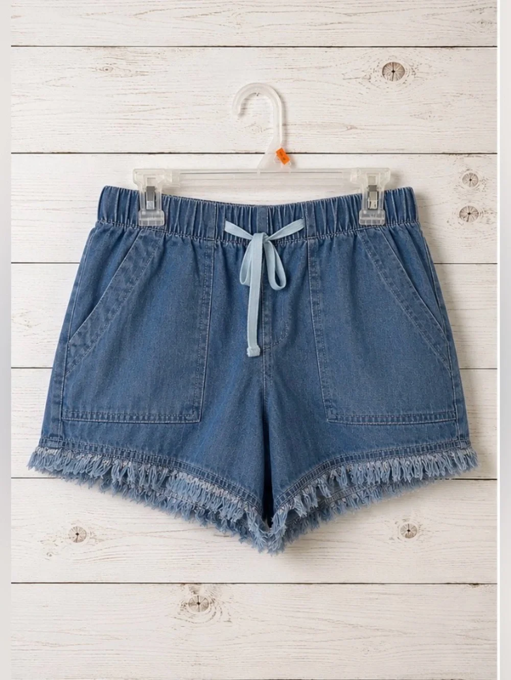 Denim Drawstring Frayed Hem Shorts Lightweight Chambray Beachy Boho Large NWOT